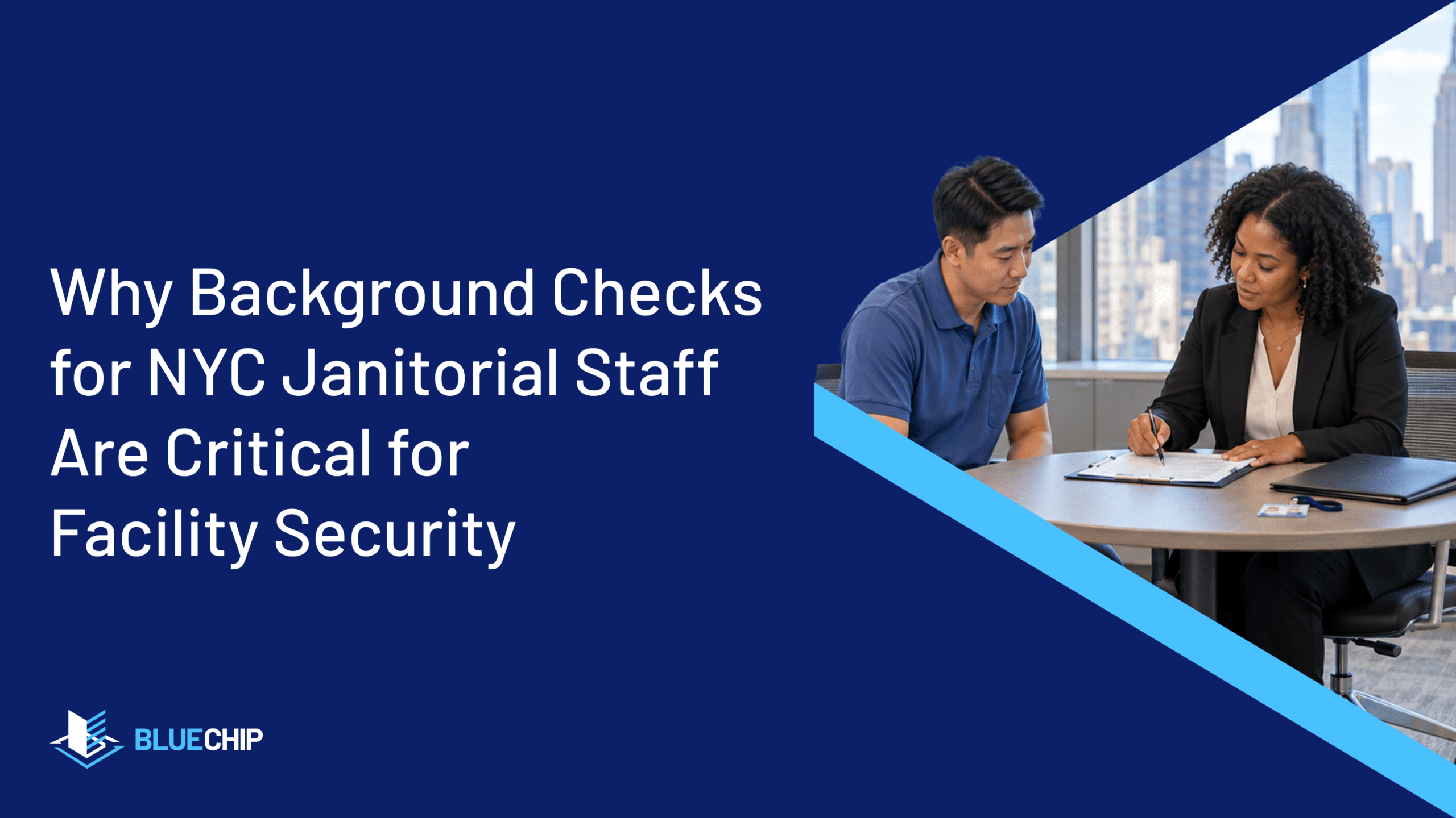 Manager reviews hiring paperwork with a job candidate at an office desk, ID badge on the table.